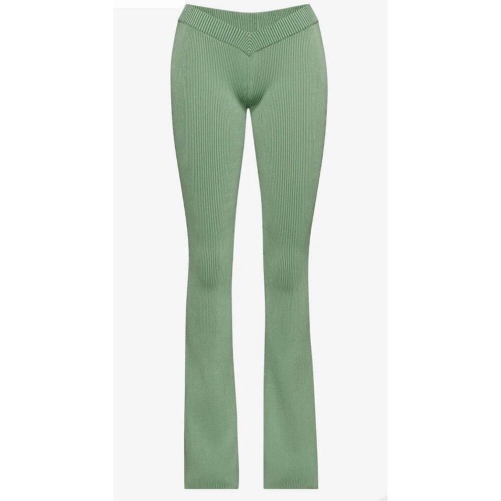 SER.O.YA Lux Pants Green Ribbed Flare V Waist Knit Mid Rise Bottoms Sz S